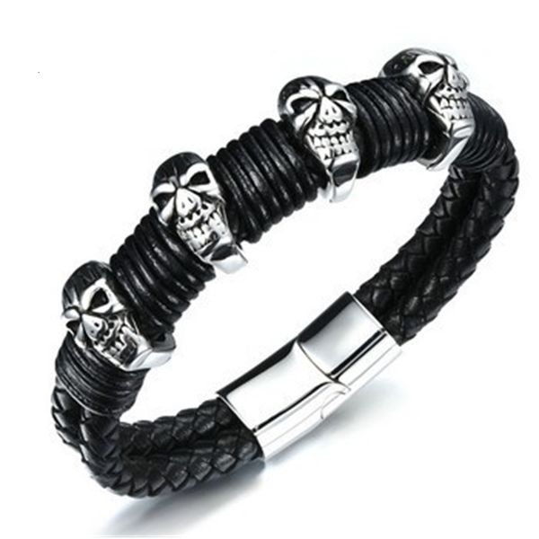 

bangles bracelets jewelry men's leather bracelet titanium steel magnetic buckle skeleton ghost punk cultural weaving, Black
