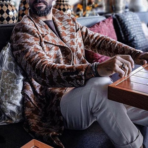 

men's jackets mens double breasted jacket printed turn-down collar cardigan coats vintage houndstooth for men autumn winter harajuku, Black;brown