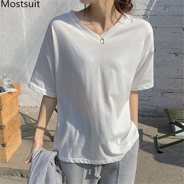 

solid v--neck short sleeve t shirt women spring summer basic casual fashion tees korean loose ladies t-shirts 210514, White