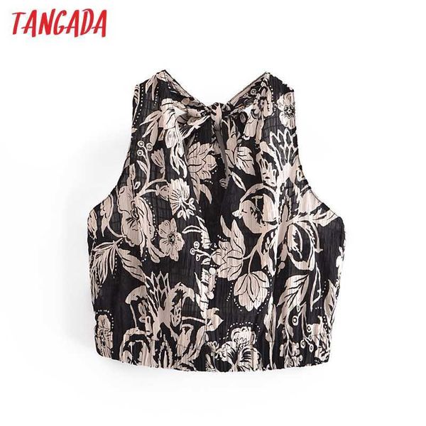 

tangada women retro leaves print backless crop shirt summer blouse sleeveless bow chic female 3w145 210609, White