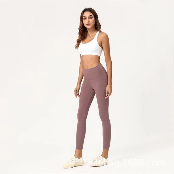 

22 color same lulu brushed breathable stretch fitness high waist capris yoga pants, Gray