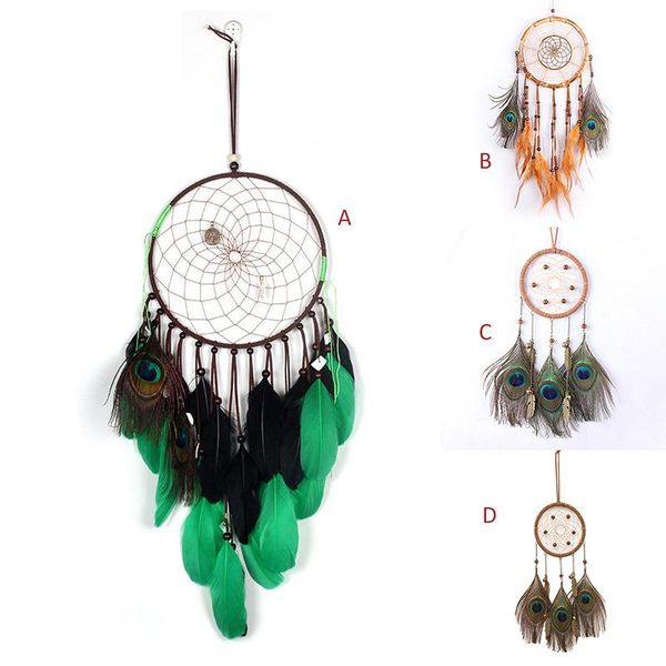 

decorative objects & figurines peacock green catcher's wind chimes dream net catcher circular wall hanging with feather bedroom decorat