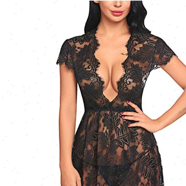 

deep v neck solid womens sleepwears color lace short sleeve temptation female, Black;red
