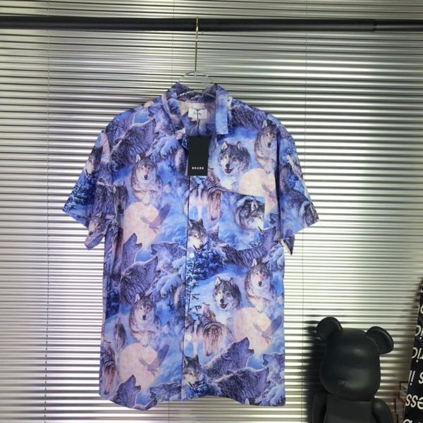 

snowwolf print short shirts men women couples 100% cotton oversized hip-hop casual men's, White;black