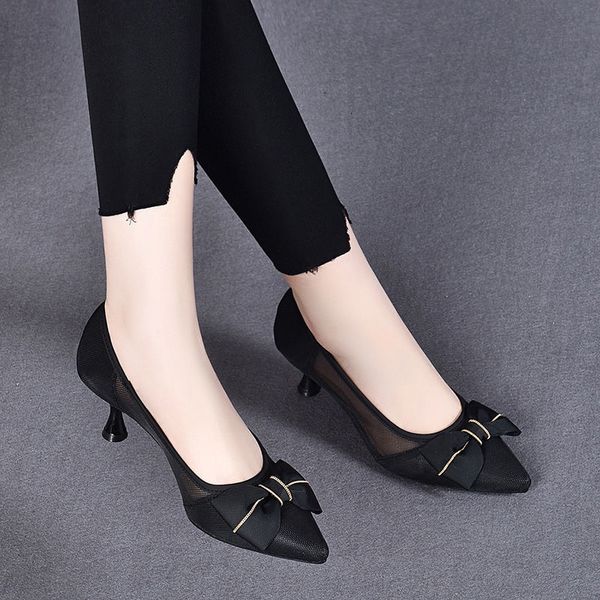 

luxury dress shoes mh sandal's small bowknot hollow out single sho mid heel pointed thin high heels in summer 2021, Black