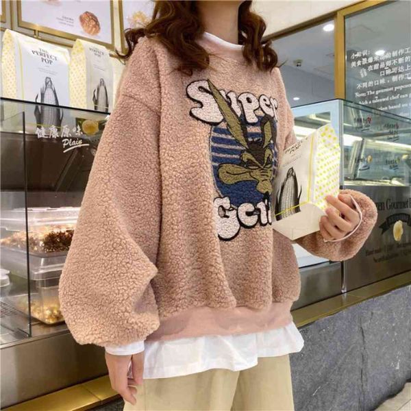 

autumn and winter cartoon lamb cashmere sweater women's round neck top, Black