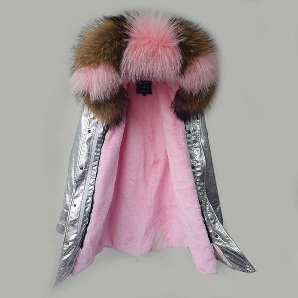 

women's fur & faux 2021 fashion jacket silver coat women parka hooded big real raccoon collar natural clothing length decoration, Black