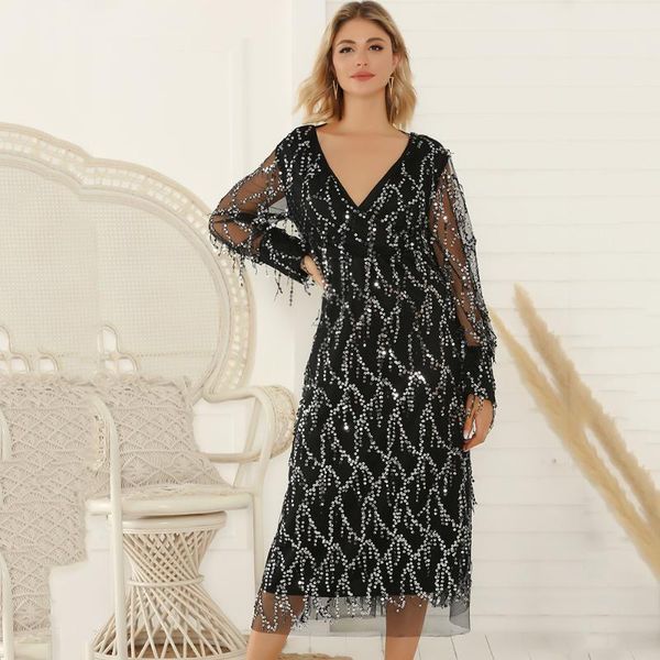 

casual dresses tassels sequin dress women autumn winter fashion hollow out v neck long sleeve high-waist medium length evening party, Black;gray