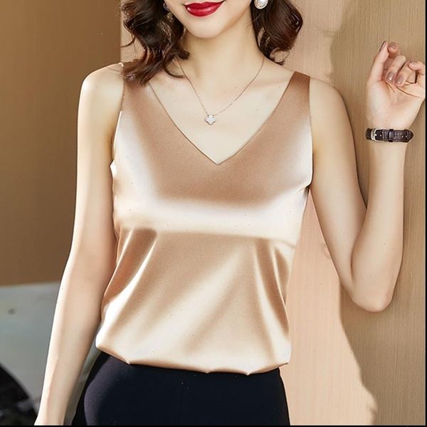 

korean silk satin sleeveless womens camis elastic halter v neck, White