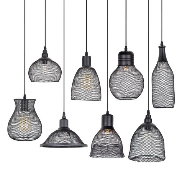 

pendant lamps 6 type modern black cage lights iron minimalist retro nordic loft pyramid lamp metal hanging e14 indoor