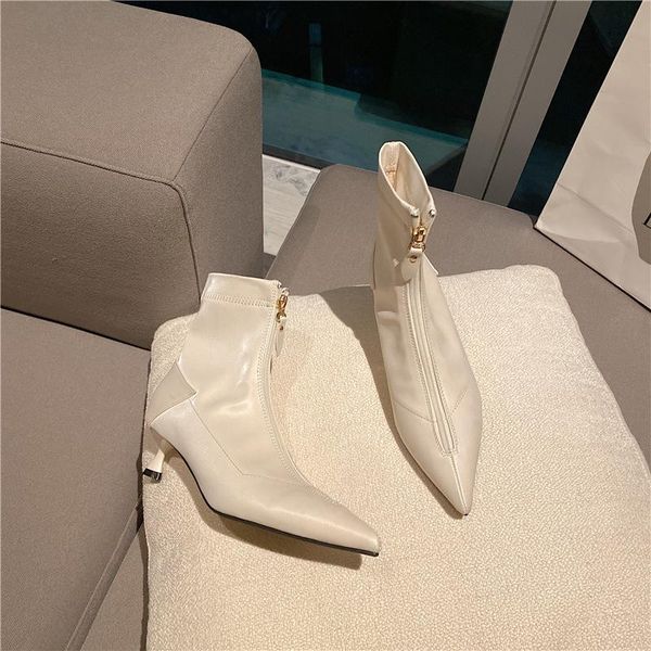 

boots front skinny women's zipper fashion ins fall 2021 sharp point versatile slim heel mesh red, Black