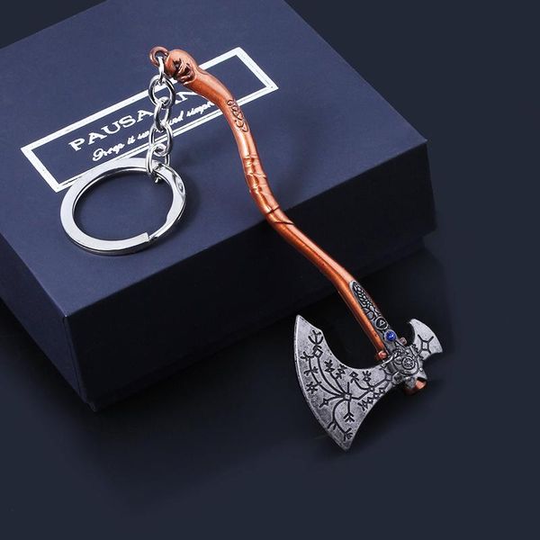

keychains god of war 4 kratos axe shape keychain exquisite carved pattern metal pendant keyring men women game chaveiro souvenir gift, Silver