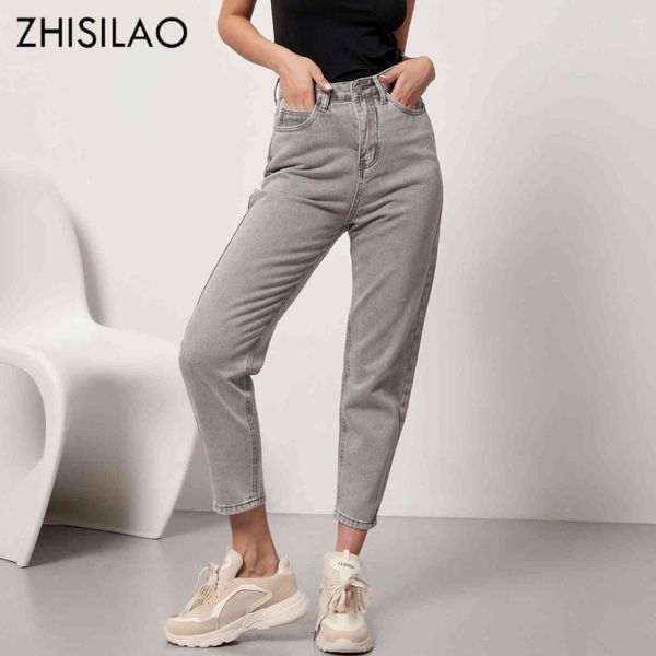 

zhisilao vintage grey high waist straight jeans pant for women loose cotton buttons harem female denim pantalon femme 211129, Blue