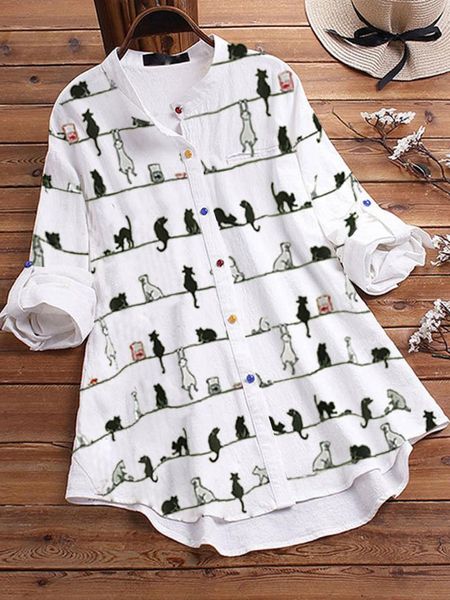 

women's blouses & shirts 2021 spring summer leisure cartoon printing t-shirt color button long, White