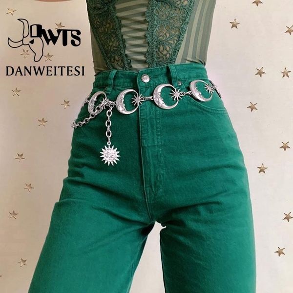 

belts [dwts] women belt femal waist chain vintage party dark fashion punk metal gothic moon sun sliver pendant, Black;brown