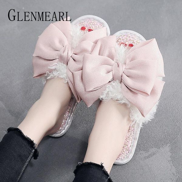 

slippers women shoes outdoor fur plush bow-knot fashion female flat slides casual flip flop curly 2021 arriva, Black