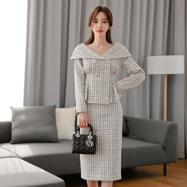 

spring autumn korean women grid 2 piece set big turn down collar coat skirt suit double-breasted + sheath midi skirt se 210514, White