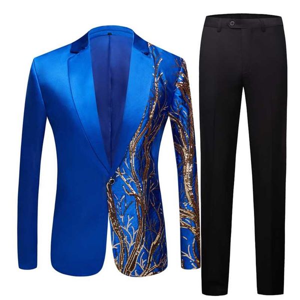 Homens Terno Lantejoulas Blazer Homens Royal Blue Club Cantores Cantores Fit Terno Jaqueta Macho Negócio Estágio Brilhante Traje Fato de Casamento 211120