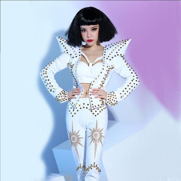 

women's two piece pants women clothing bar nightclub female singer dj white punk rivet jacket costume three-piece suits stage
