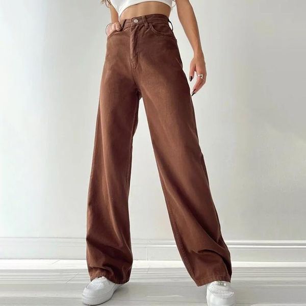 

women's jeans floy fashion casual loose women elegant solid straight denim pants pockets full length wide leg ladies, Blue