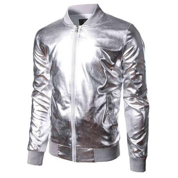 Silber Metallic beschichtete Jacke Männer Bühne Tanz Prom Halloween Kostüm Mode Reißverschluss Baseball Varsity Jacke Veste Homme 210522