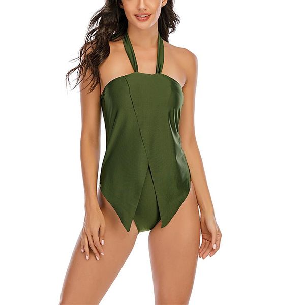 

one-piece suits 2021 european and american women's split skirt large swimsuit hanging rope belly covering bikini