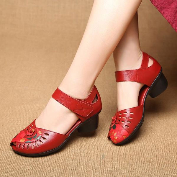 

fashion summer female handmade sandals print women's genuine leather shoes casual thick with women plus size 35-41, Black