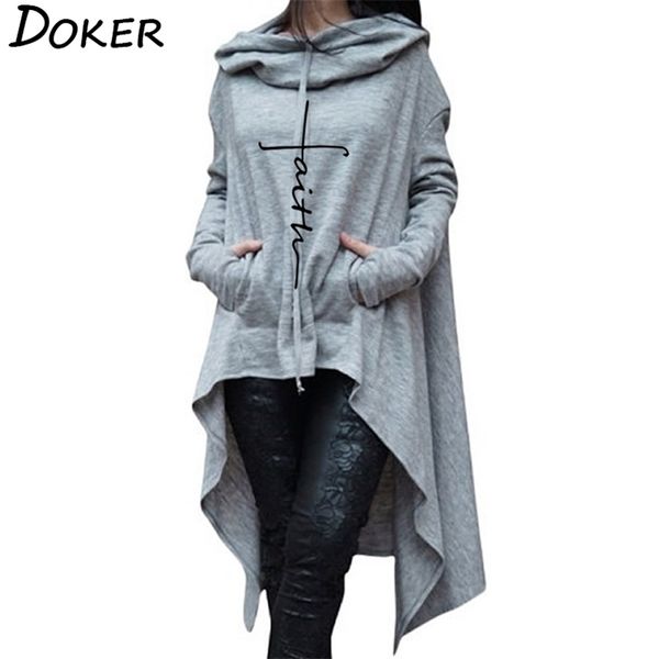 

faith letter embroidered long hoodies women sleeve irregular hem pocket sweatshirt female plus size pullover 210805, Black