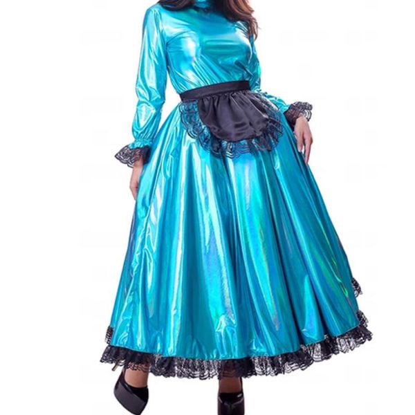 

casual dresses women long dress puff sleeve sissy maid metallic pleated with lace apron fashion cosplay costume plus size 7xl, Black;gray