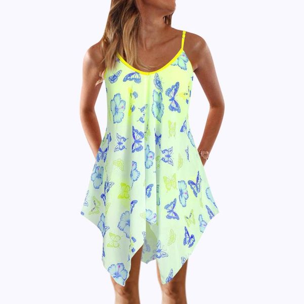 

40# butterfly floral print dress sleeveless summer irregular ruffle sling beach bohemia mini dresses for women 2021 casual, Black;gray