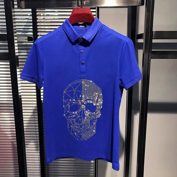 

fashion exaggeration diamond skull pattern men polos crystal trend delicate rhinestone short sleeved shirt, White;black