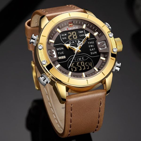 

wristwatches naviforce watches men fashion gold quartz wristwatch leather waterproof military analog led digital male clock relogio masculin, Slivery;brown