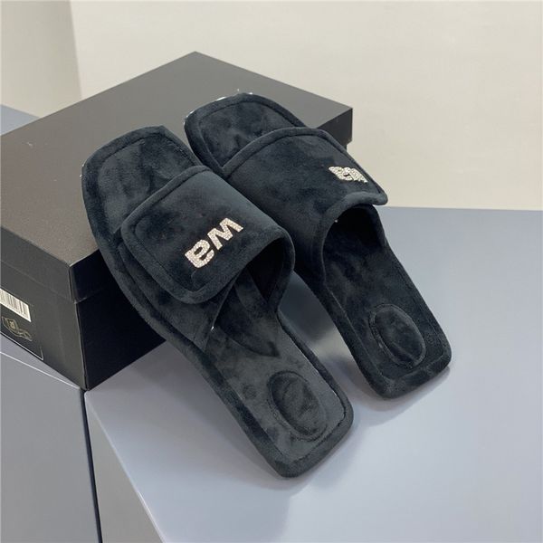 

early spring woman fashion slippers square flat sandals open toe home cashmere slipper temperament winter all match stylist shoes 35-40, Black