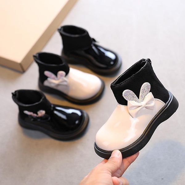 

boots winter cute bow crystal girl' designer plush warm ankle shoes for children princess non slip soft sole kids fashion, Black;grey