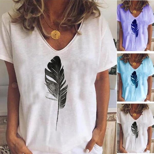 

women's t-shirt fashion women summer short sleeve v neck feather print loose top, White