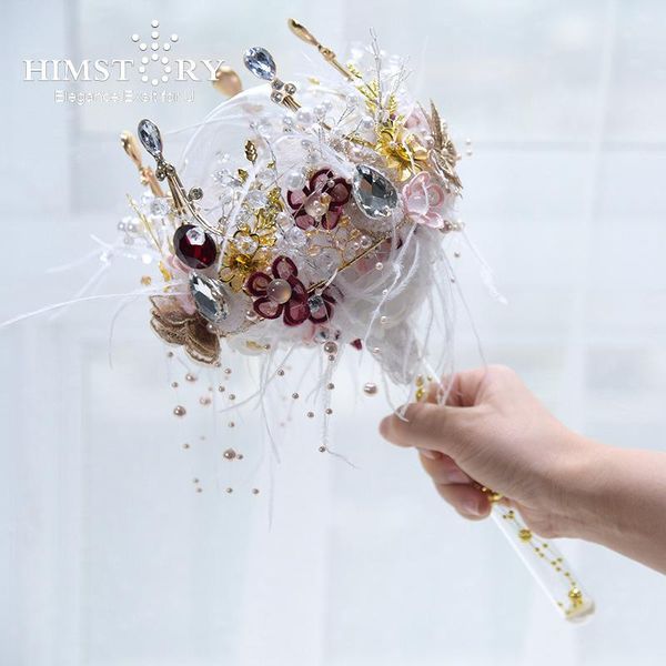 

wedding flowers himstory luxury gold crown feather bouquet handmade crystal bridal holding