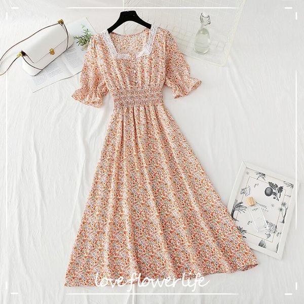 

elegant ruffle women short sleeve floral dress vintage square neck elastic waist print chiffon long dresses summer dress 210521, Black;gray