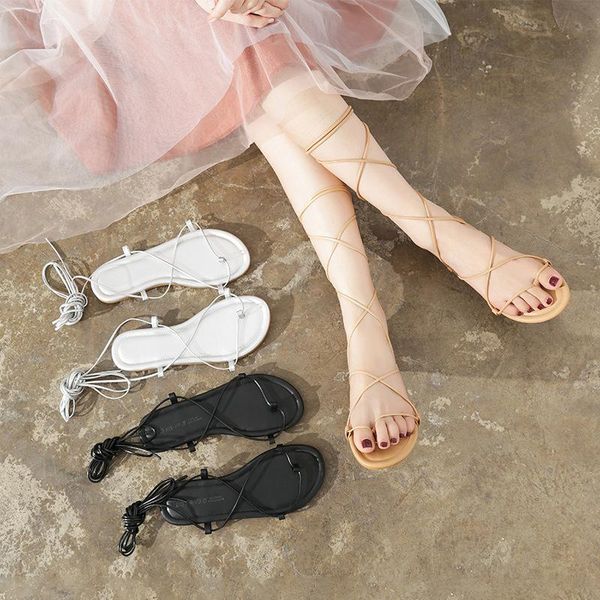 

sandals women fashion cross straps shoes 2021 korean lace up flat, Black