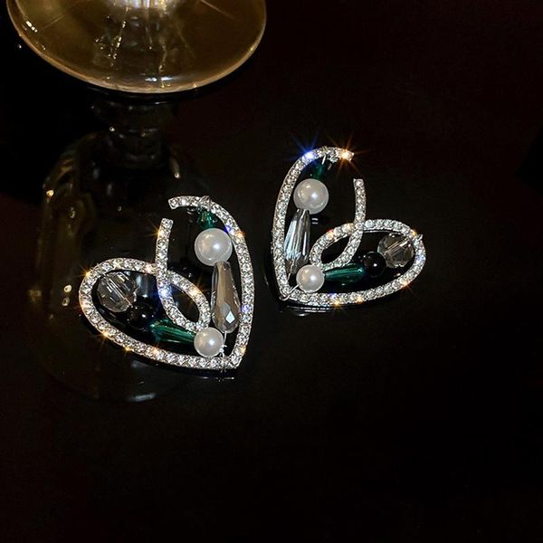 

stud trendy crystal heart pearl earrings for women girl temperament jewelry zircon s925 needle birthday party fine gift, Golden;silver