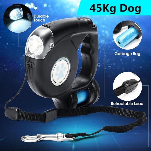 

dog collars & leashes 4.5m led 3 in 1 retractable pet leash lead with garbage bag