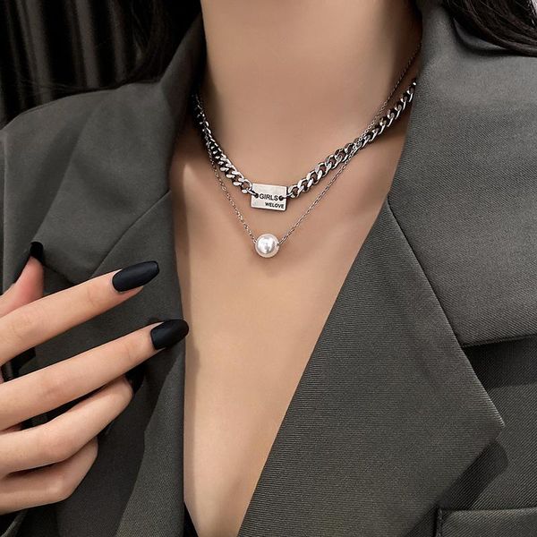 

chains double-layered wearing metal pearl necklace neck chain temperament collarbone red minimalist design sense, Silver