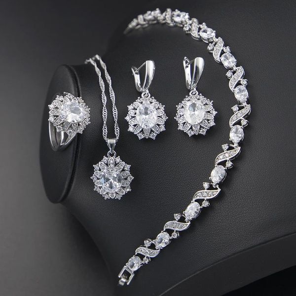 

earrings & necklace funmode clear crystal round design cubic zircon earring jewellery set for women accessories gifts colar feminino fs153, Silver