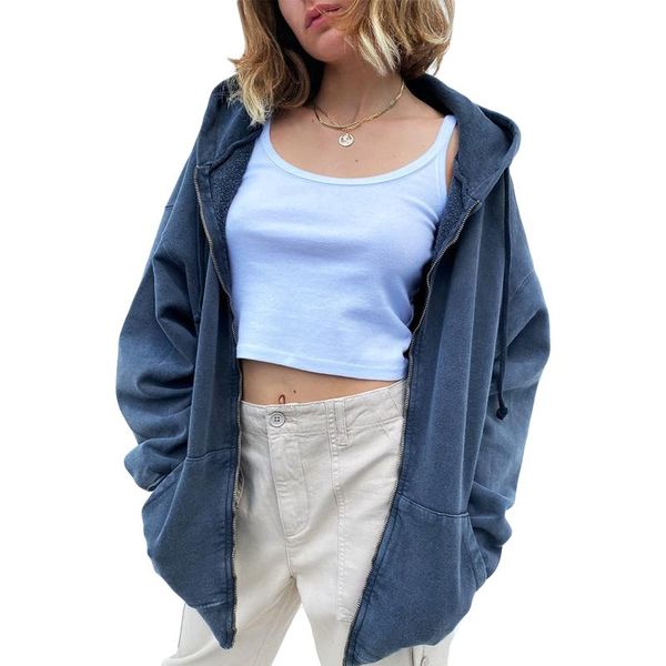 

women's hoodies & sweatshirts 2021 hirigin women's loose zip up hoodies, long sleeve solid color oversized drawstring hooded jacket, Black