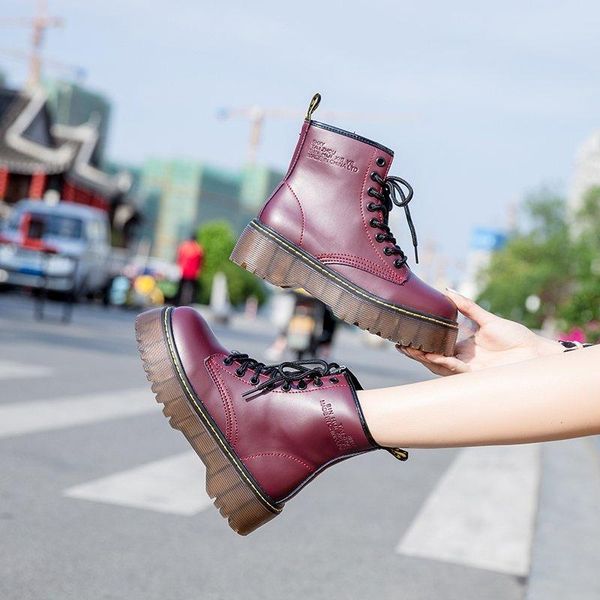 

boots wohdhe women ankle designers motorcycle boot platform rubber sole lace up flat high heels autumn shoes mujer, Black