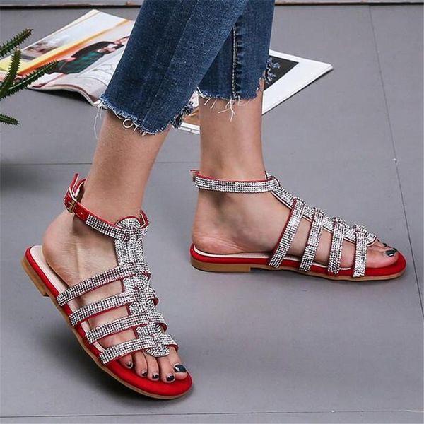 

sandals woman crystal flat fashion ladies narrow band open toe gladiator comfort summer beach shoes zapatos de mujer, Black