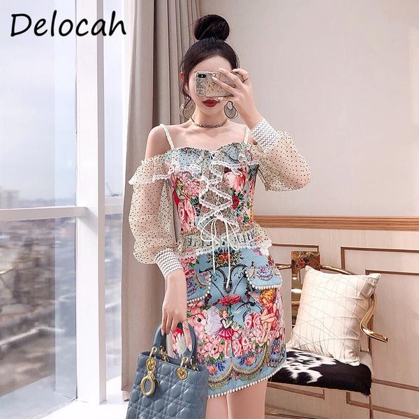 

delocah women autumn fashion runwayÂ skirt set lace lantern sleeve cami + high waist print a-line skirts 2 twoÂ piecesÂ suits women's tra, Gray