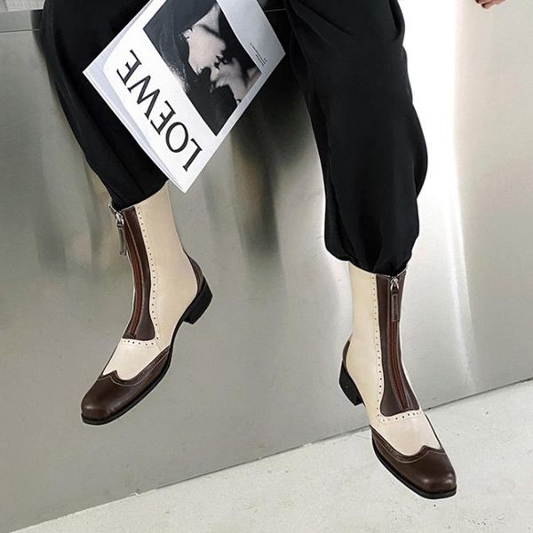 

boots women winter retro color blocking brock style low heel round toe zipper mid-calf, Black