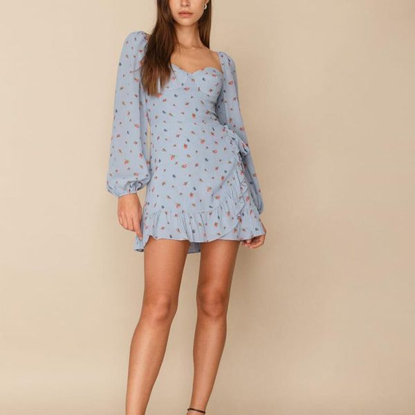 

casual dresses summer women's flower printed square neck long sleeve ruffled slim dress, Black;gray