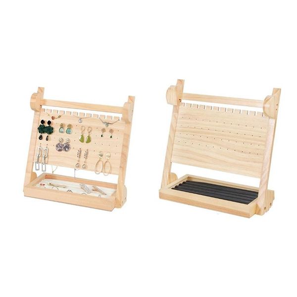 

jewelry organizer wood basic storage box - 3 tier stand for necklaces bracelet earrings /ring tray hooks & rails