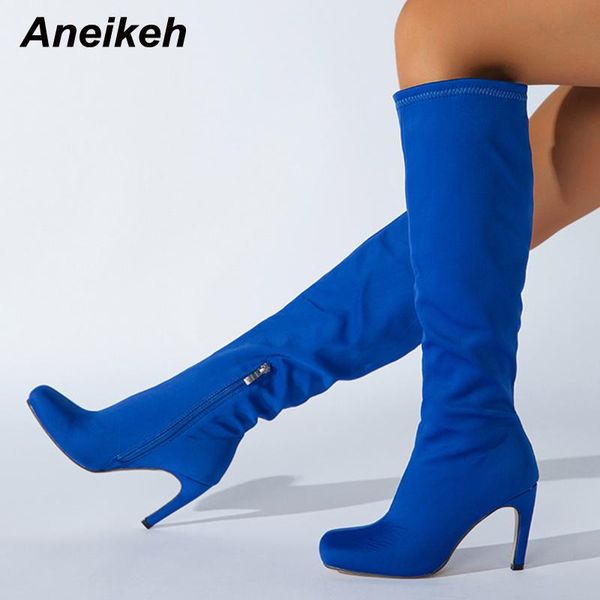 

boots aneikeh flock plush women's autumn 2021 fashion comfort thin heels shoes slip-on sewing knee-high round toe wedding, Black
